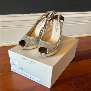 Jimmy Choo Glitter Peep Toe Heels - Gold